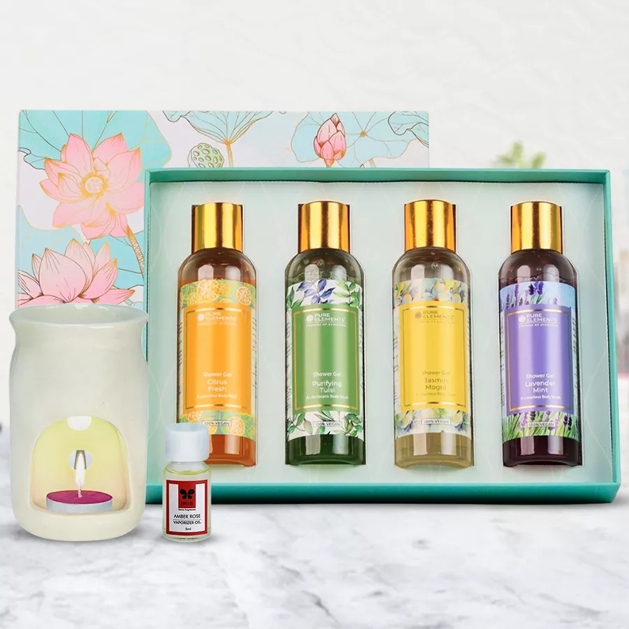 Remarkable Shower Gel Gift Box with four shower gels and Amber-Rose Vaporizer displayed together