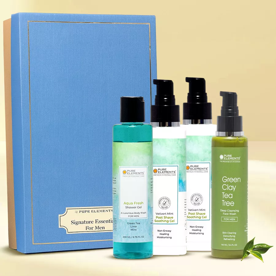 Exclusive Men's Face and Bath Care Gift Box containing face cream, soothing gel, bath gel, and cleansing face wash.