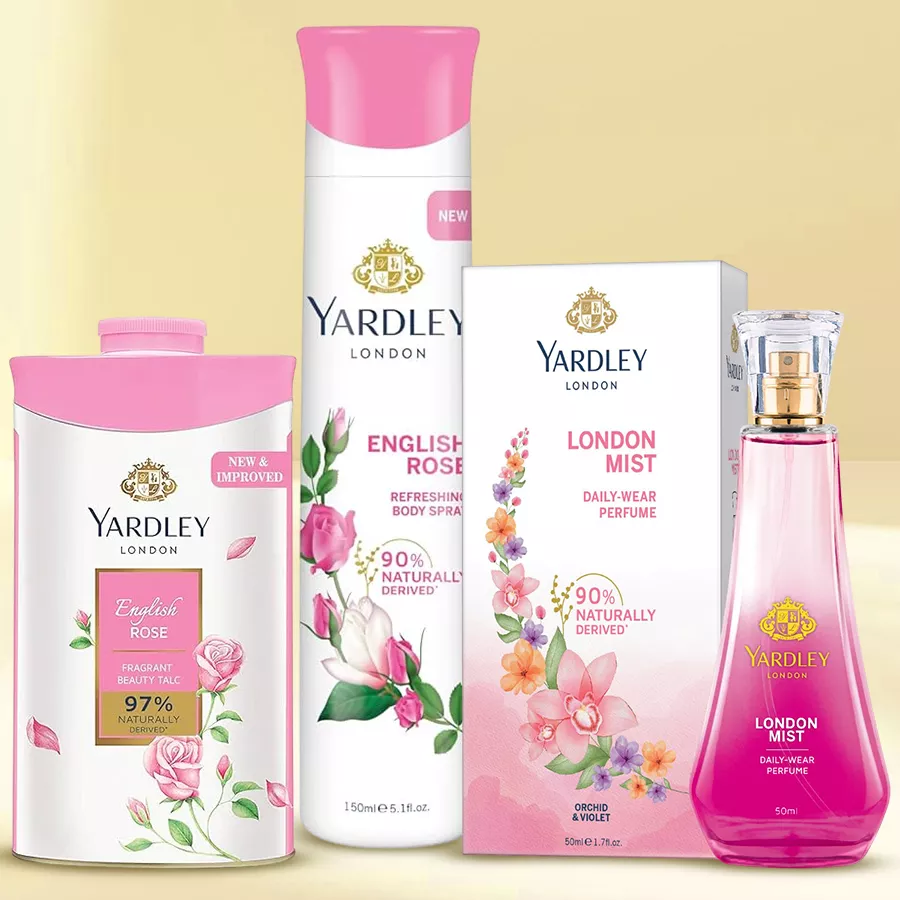 Yardley London English Grooming Gift Hamper with English Rose Perfumed Talc, Body Spray, and Mist Perfume in a beautifully arranged presentation