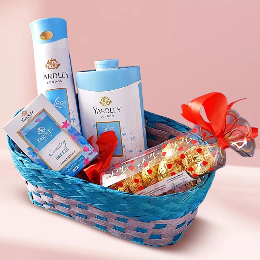 Classic Yardley London Grooming Basket featuring Country Breeze perfume, Lace Perfumed Talc, Lace Deodorant Body Spray, and homemade chocolates in a stylish reusable basket
