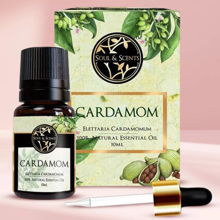 Aromantic Cardamom Essential Oil 10ml bottle with a warm, inviting background