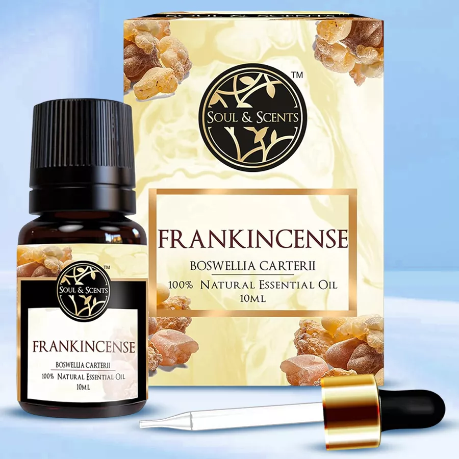 Bottle of Frankincense Essential Oil Bliss with ingredients and benefits displayed on the label