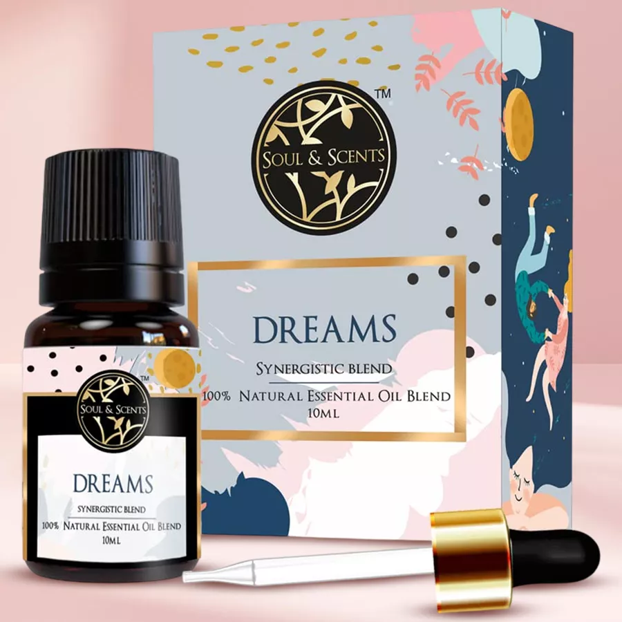 Bottle of Fantastic Dreams Essential Oil, a calming 10ml blend in a serene setting, promoting restful sleep and relaxation.