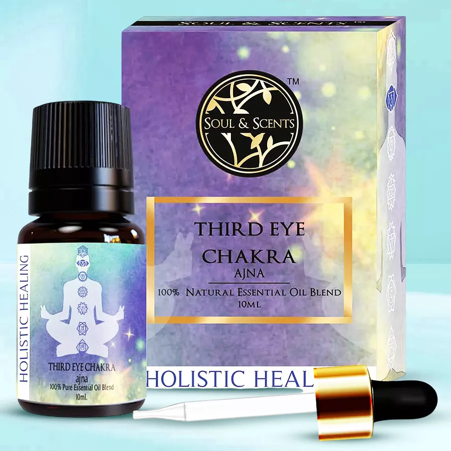 Soothing Third Eye Chakra Essential Oil bottle with a calming and mystical background