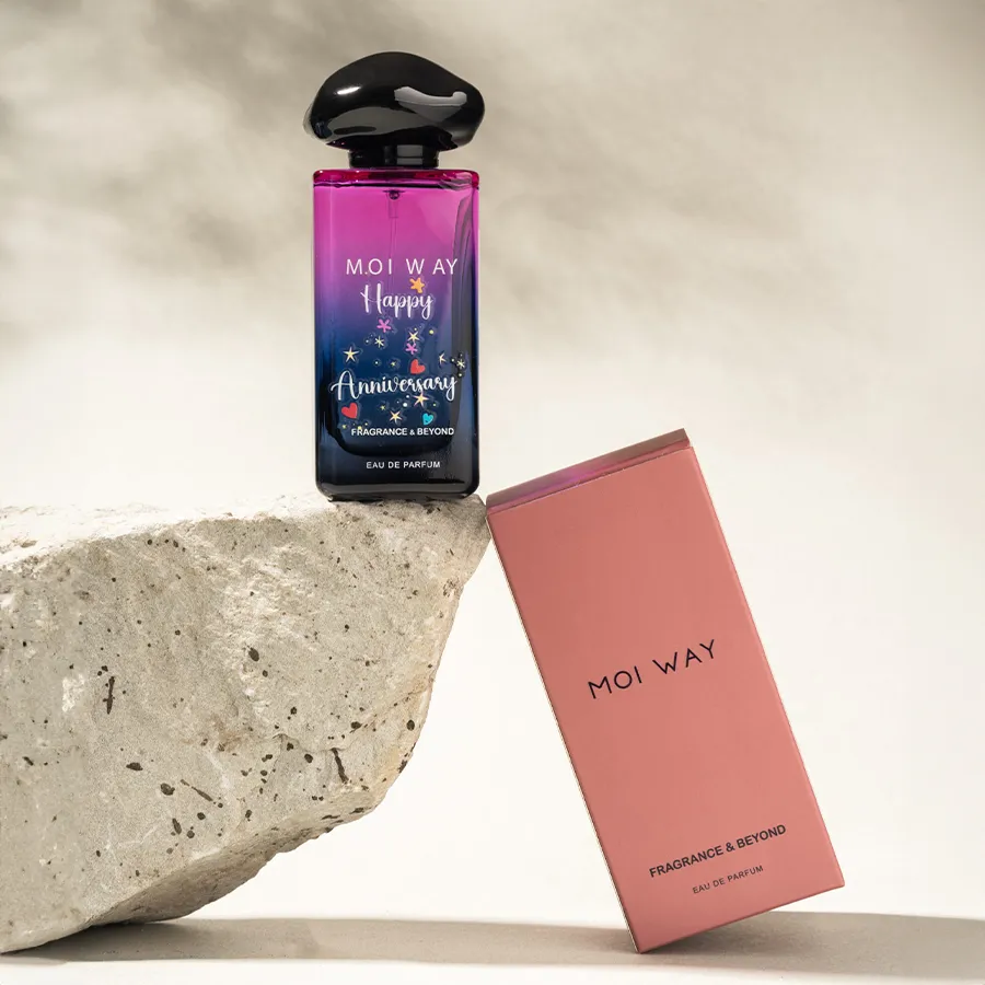 A beautifully designed perfume bottle surrounded by blooming flowers, evoking a warm summer night atmosphere.