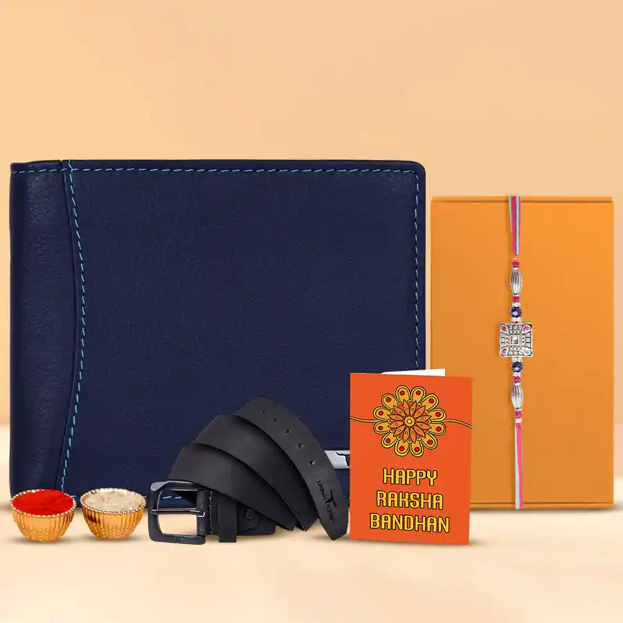 Kundan Rakhi N Sleek Wallet Belt Gift Set