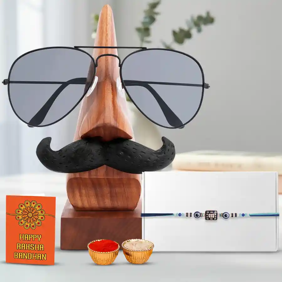Evil Eye Rakhi N Funky Nose Shaped Sunglass Stand Combo