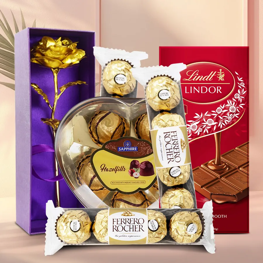 Amazing Love Hamper of Assorted Chocolates N Golden Rose