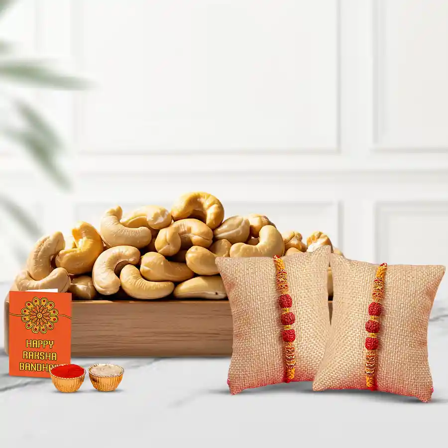 Appealing Set of 2 Rudraksh Rakhis with Cashews Roli Chawal N Card