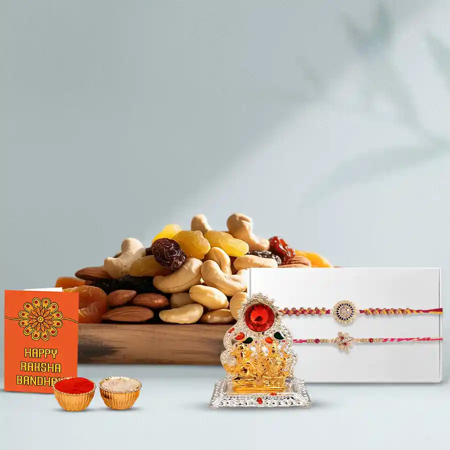Pious Rakhi Set with Exotic Dry Fruits n Ganesh Laxmi Mandap
