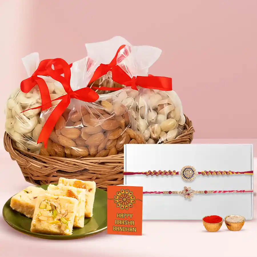 Attractive Stone Rakhi Pair with Exotic Dry Fruits n Sweets