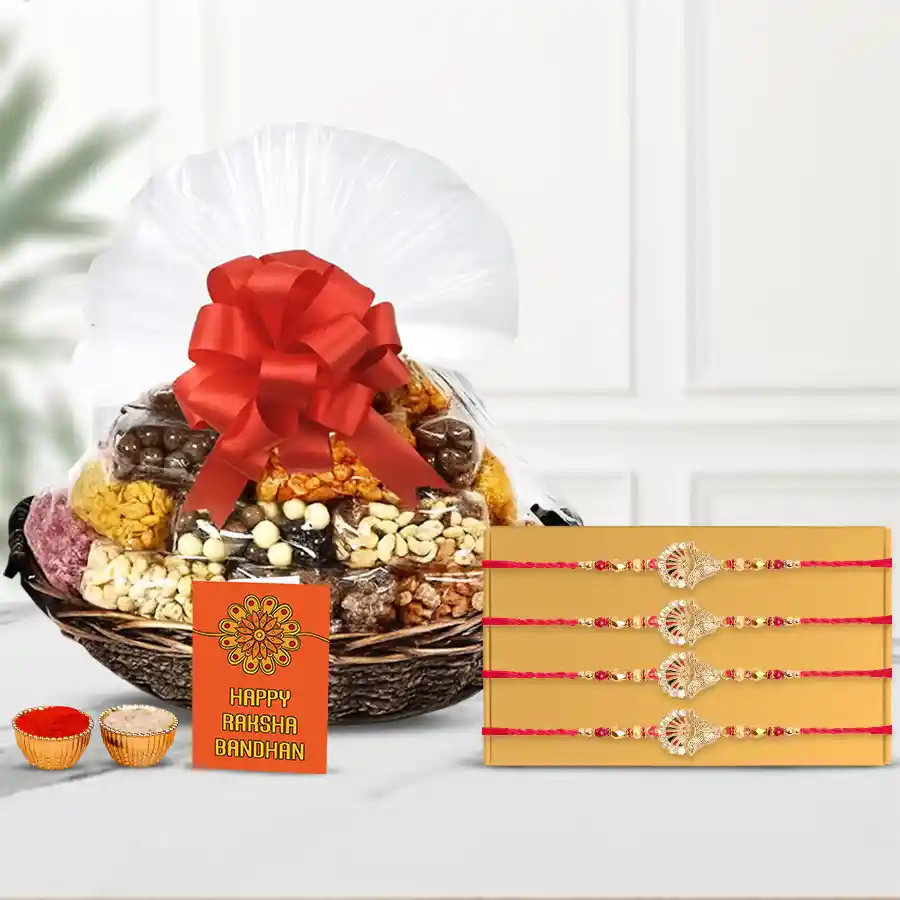 Fabulous Rakhi Love for 4 with Assorted Dry Fruits Basket