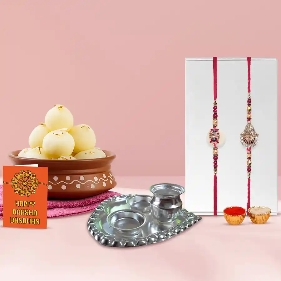 Graceful Ethnic Rakhis N Haldiram Rosogolla with Aarti Thali