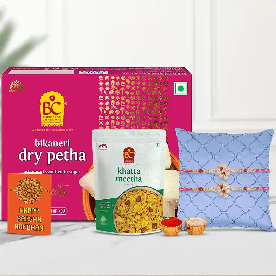 Smarty Twin Stone Rakhi Set with Bhikaram Sweets N Savories