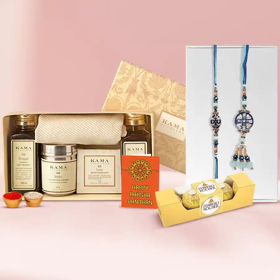Stunning Lumba Rakhi Set with Kama Ayurveda Skin Care Hamper