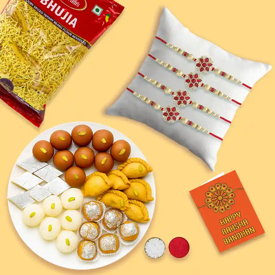 Graceful Stone Rakhi Set with Haldiram Bhujia N Assorted Sweets