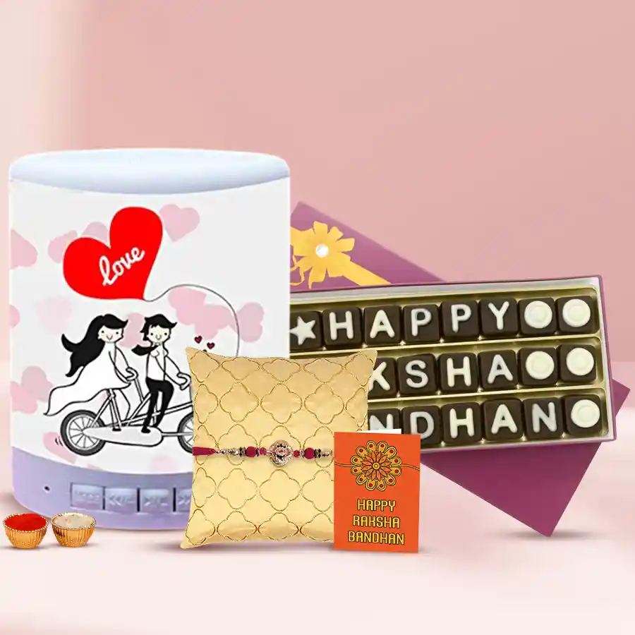 Attractive Stone Rakhi with Handmade Chocolates N Personalized Speaker