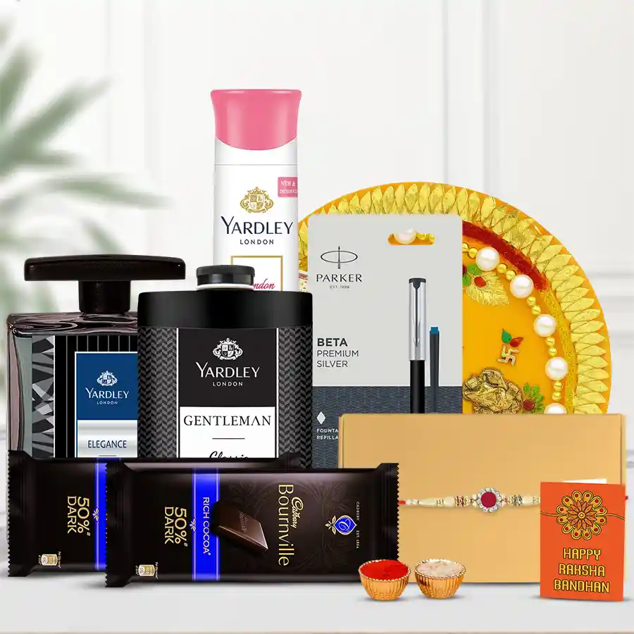 Graceful Stone Rakhi with Thali Pen Chocolate N Yardley Grooming Kit