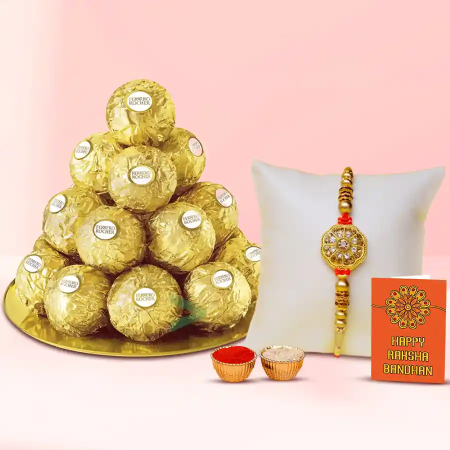 Admirable Golden Bracelet Rakhi with Ferrero Rocher in Golden Thali