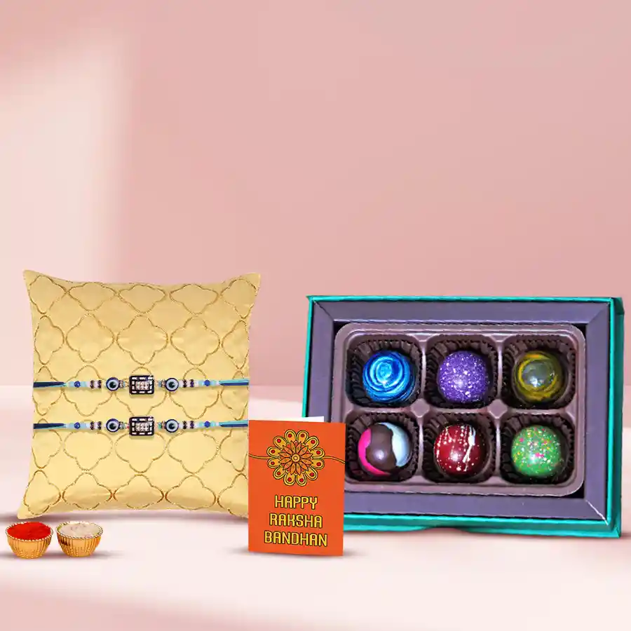 Ethnic Pair of Evils Eye Rakhi with Handmade Chocolates