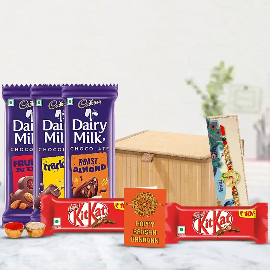 Showy Golden Om Ganesh Stone Rakhi with Chocolate Assortment