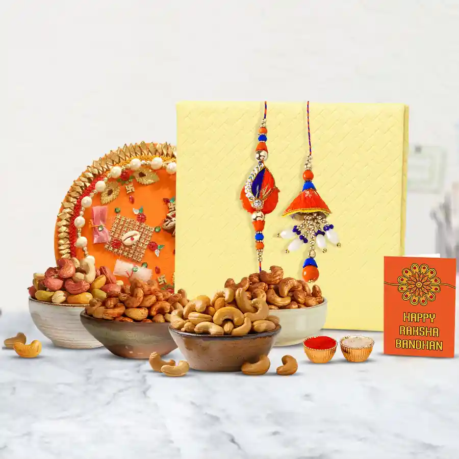 Classy Lumba Rakhi Set with Flavor Cashews n Pooja Thali