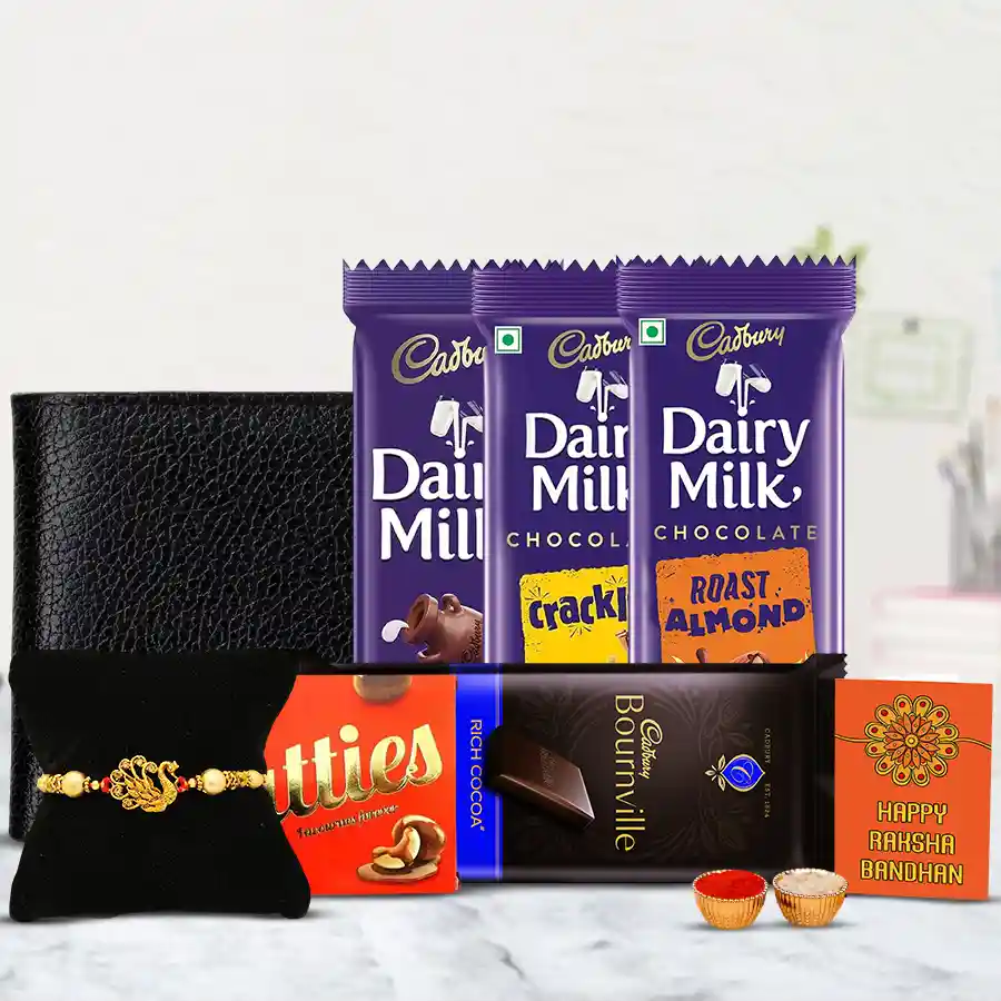 Trendy Golden Rakhi with Mens Leather Wallet n Cadbury Chocolates