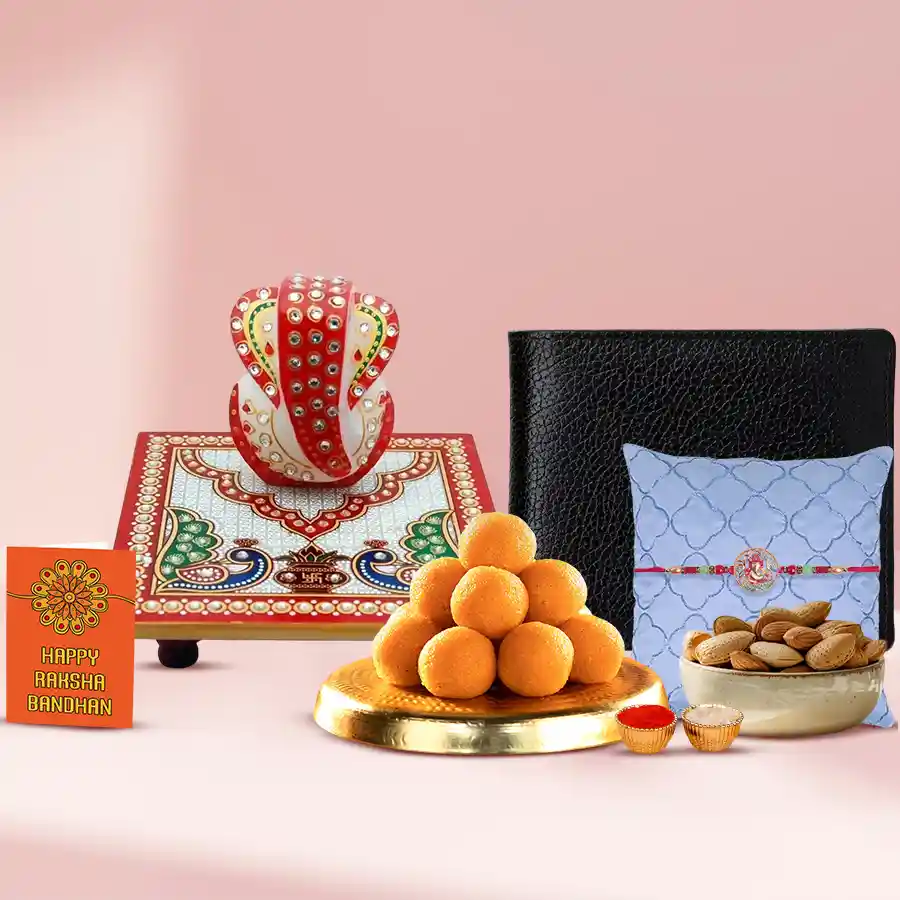 Pious Ganesh Rakhi with Wallet Ganesh Marble Chowki Sweets N Almonds