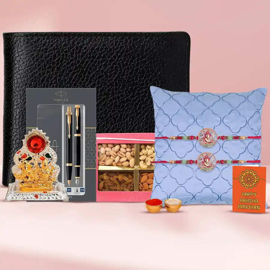 Pious Ganesh Rakhi Gift Set including Ganesh Rakhis, Laxmi Ganesh Mandap, black leather wallet, Parker pens, dry fruits, Roli Tilak, Chawal, and personalized Rakhi card