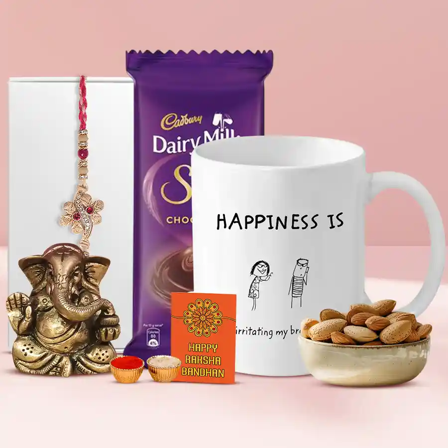Euphoric Raksha Bandhan Hamper for Bhaiya featuring a rakhi, Ganesha idol, personalized mug, almonds, Cadbury Dairy Milk Silk, Roli Tilak n Chawal, and a custom Rakhi card.