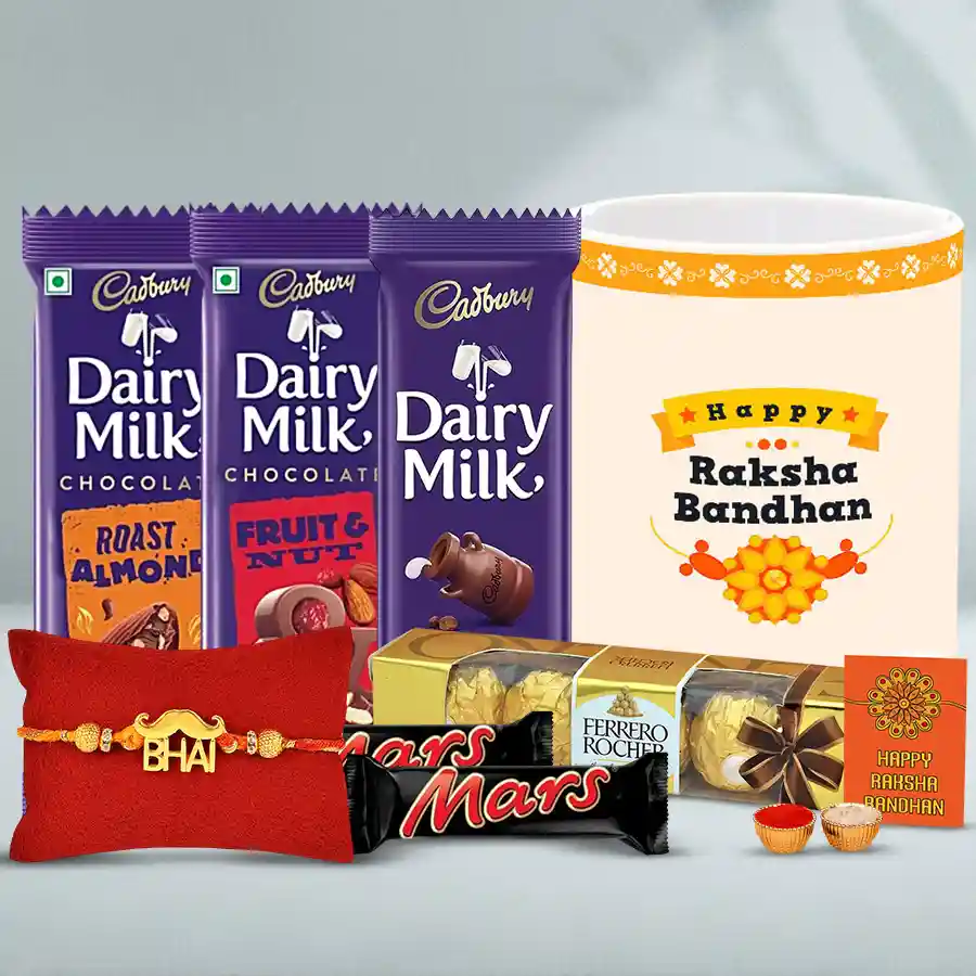 Cool Strong Bhai Rakhi set with a Bhaiya coffee mug, assorted chocolates, and a reusable gift box featuring Roli Tilak, Chawal, and a personalized Rakhi card.