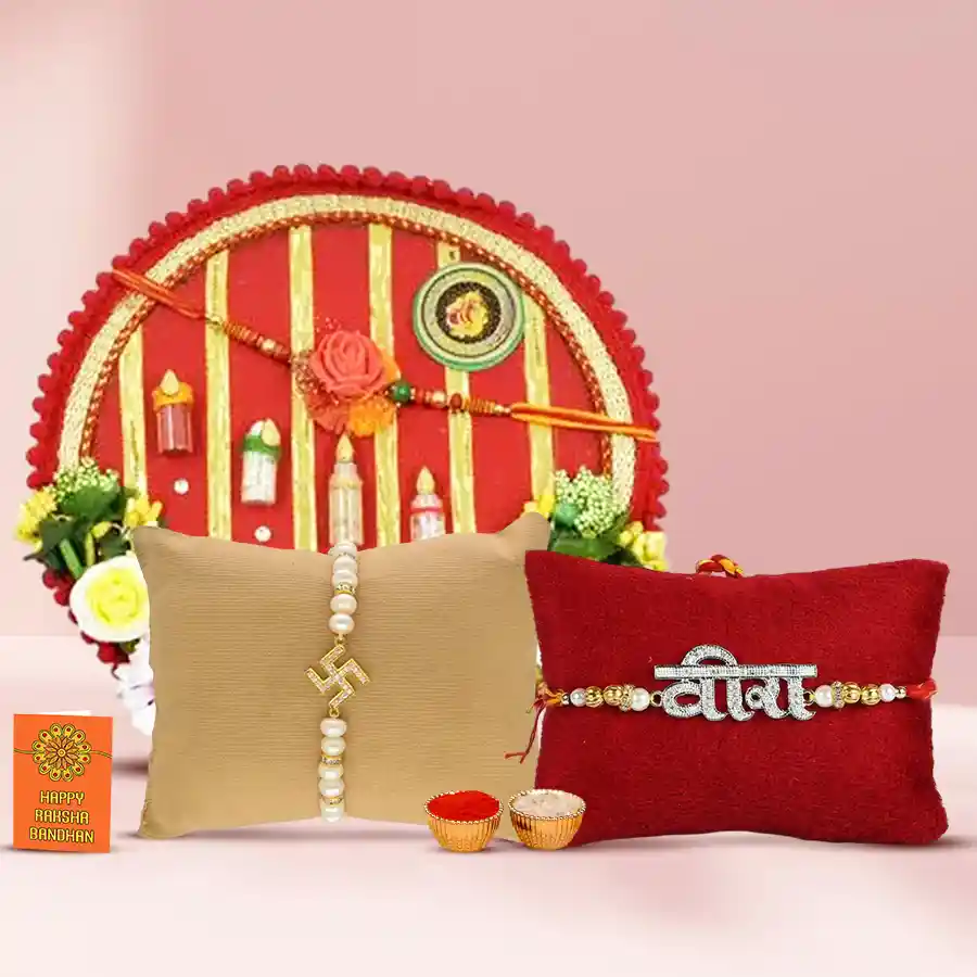 Dazzling Swastik N Veera Rakhi Pair with Shree Rakhi Pooja Thali showcasing Roli Tika, Chawal, and a Rakhi card