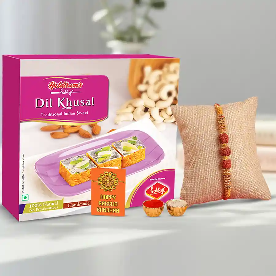 Classy Rudraksha Rakhi with 250g Haldiram Dilkhushal, Roli Tilak, Chawal, and personalized card