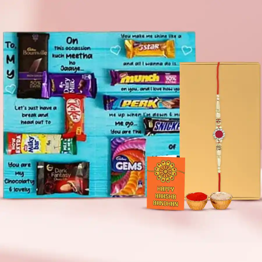 Personalized Rakhi Chocolate Card featuring assorted chocolates, a stone-studded Rakhi, and decorative Roli Tika & Chawal, all presented in a beautiful bundle.