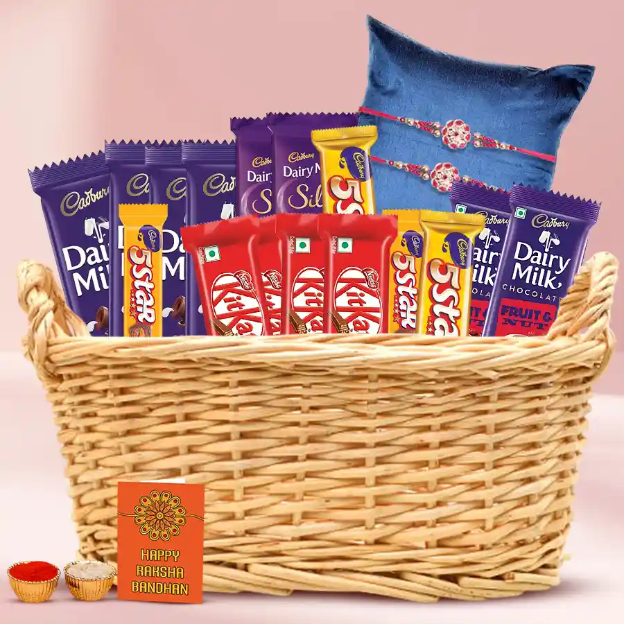 Rakhi Chocolaty Treat gift basket with assorted chocolates and a fancy Rakhi