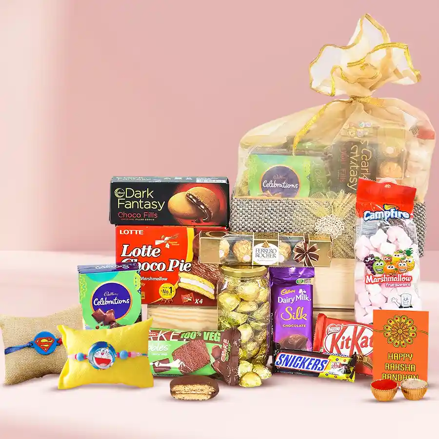 Rakhi Dream Box of Chocolates for Kids featuring assorted chocolates, a 2-piece kids’ Rakhi, and a reusable wooden tray