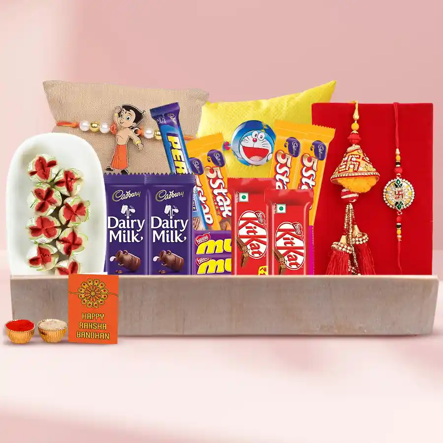 Rakhi Sets N Chocolaty Blast gift box featuring assorted chocolates and a family Rakhi set, presented with Roli, Tika, and Chawal.