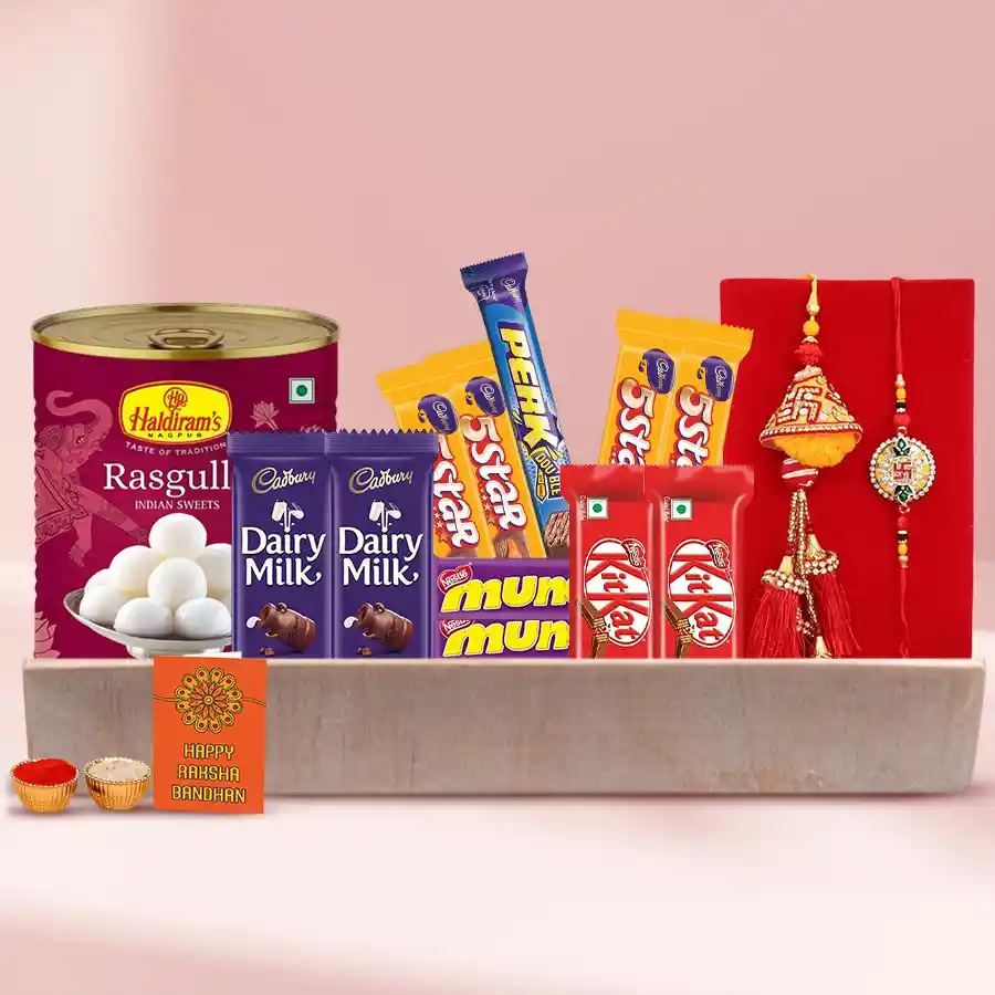 Pair of rakhis, assorted chocolates, and traditional sweets in a reusable gift box for Raksha Bandhan celebration