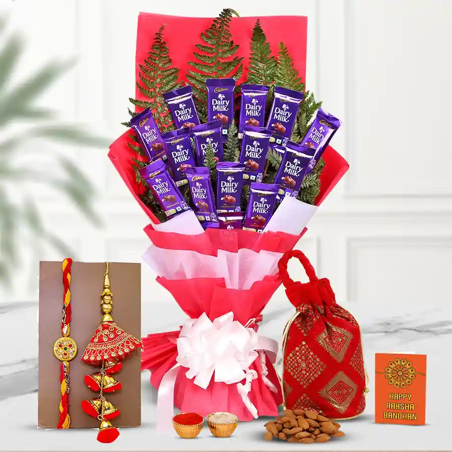 Elegant Bhaiya Bhabhi Rakhi and Chocolates Combo with bouquet of Cadbury Dairy Milk chocolates, almond potli, and beautifully crafted Rakhi