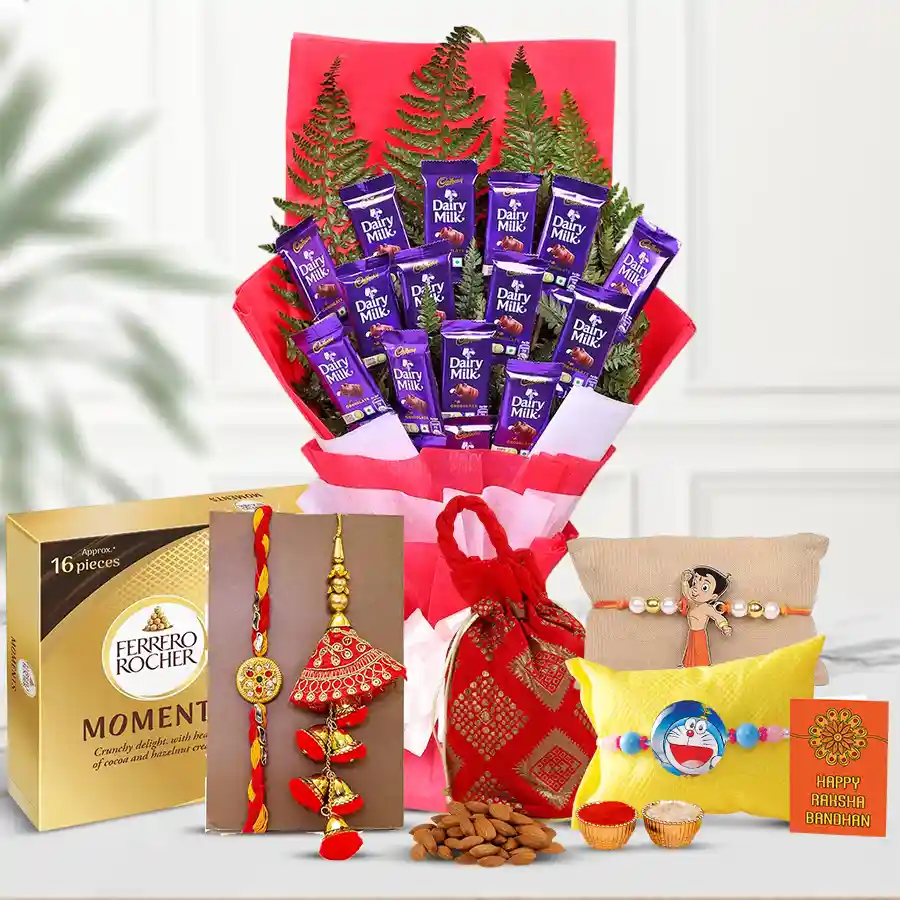 Blessed Chocolate Bouquet with Family Rakhi featuring Cadbury Dairy Milk chocolates, Ferrero Rocher Moments, an almond potli, and a decorative family Rakhi set