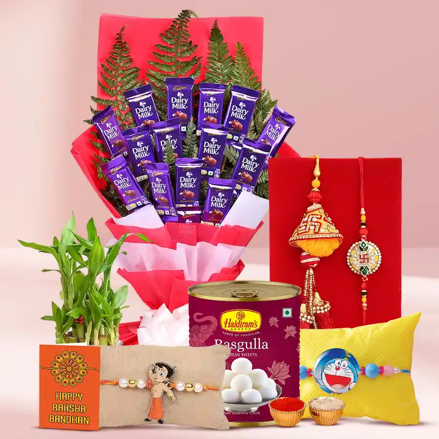 Rakhi Set N Chocolaty Bouquet Bash featuring 25 Dairy Milk chocolates, Haldiram Rasgulla, lucky bamboo plants, and a family rakhi set with Roli, Tika, and Chawal.