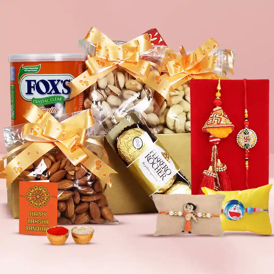 Family Rakhi Set with chocolate sweets, including Haldiram Gulabjamun, Ferrero Rocher chocolates, and mixed nuts, arranged beautifully for Raksha Bandhan celebration.