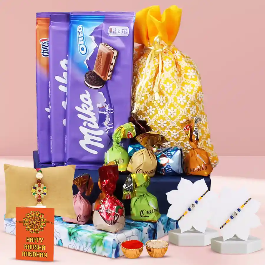 Remarkable Trio Rakhi and Chocolates Combo featuring three Milka chocolate bars and a handmade chocolate potli, accompanied by a free Rakhi, Roli, Tilak, and Chawal set, all beautifully presented for Raksha Bandhan.