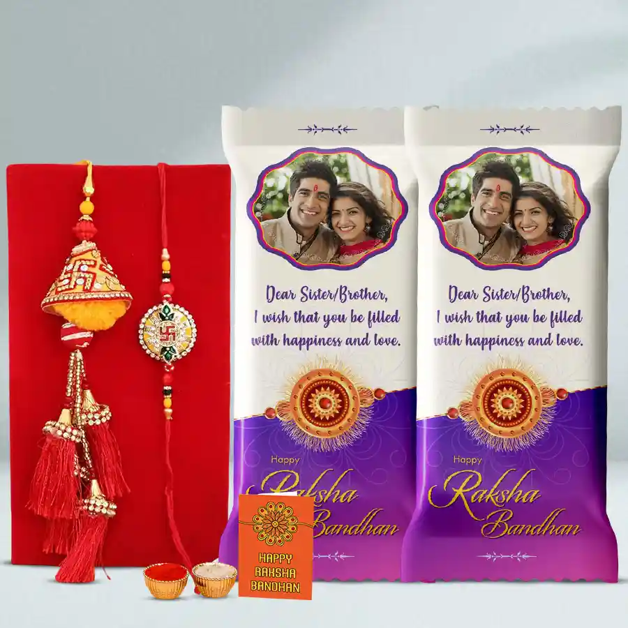Personalized Choco Mania with Lumba Rakhi featuring Cadbury Temptation Bars, Bhaiya Bhabhi Rakhi Set, free rakhi, Roli, Tika, and Chawal, set against a festive background.