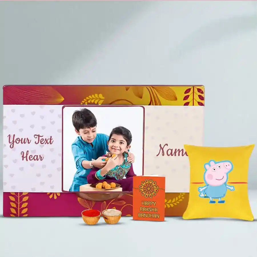 Personalized Kiddos Love Season pack with customized Cadbury Celebration, Peppa Pig Rakhi, and Rakhi essentials like Roli, Tika, and Chawal.
