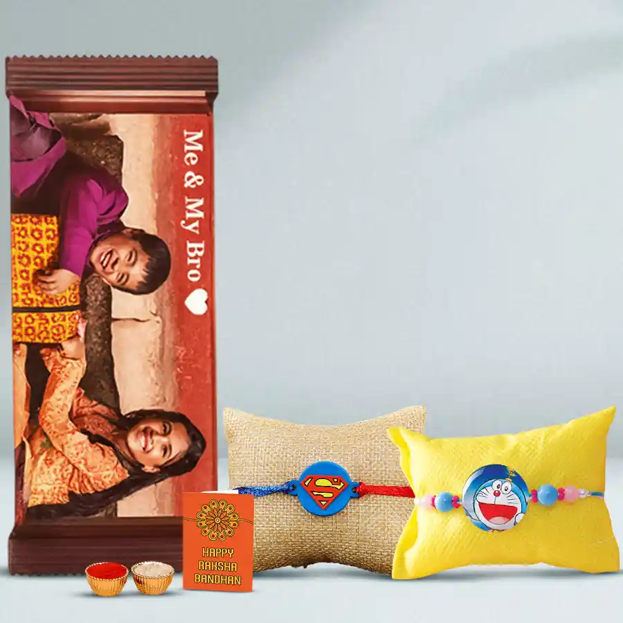 Endearing Personalized Choco Rakhi Surprise package featuring a Cadbury Bournville chocolate, a cute kids' Rakhi, an extra free Rakhi, and traditional roli, tika, and chawal.
