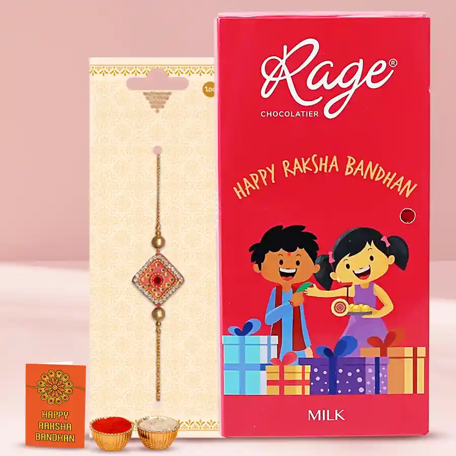 Rakhi gift combo featuring a customized Cadbury Dark Milk Chocolate bar, a fancy rakhi, a personalized greetings card, and a set of Roli, Tika, and Chawal.