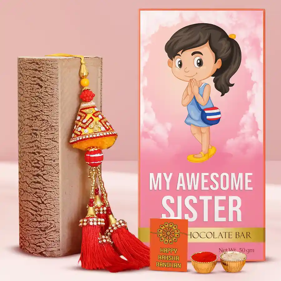 Lumba Rakhi with chocolate pudding and traditional Rakhi essentials