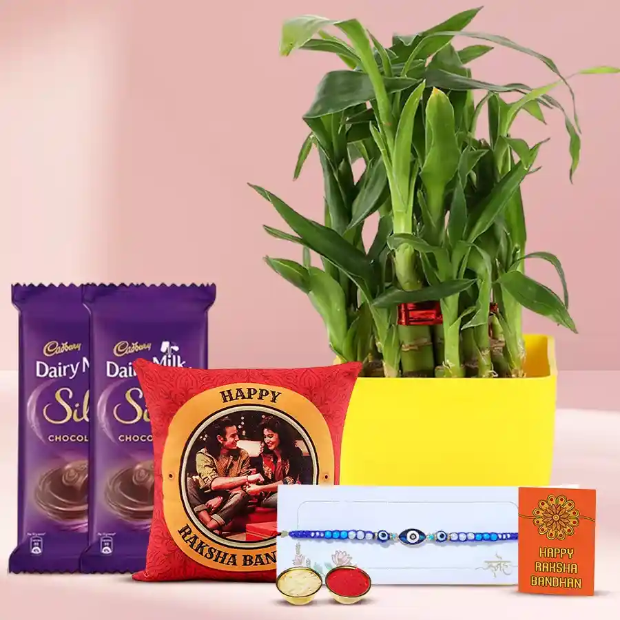 Delightful 2 Tier Bamboo Plant N Evils Eye Rakhi Combo