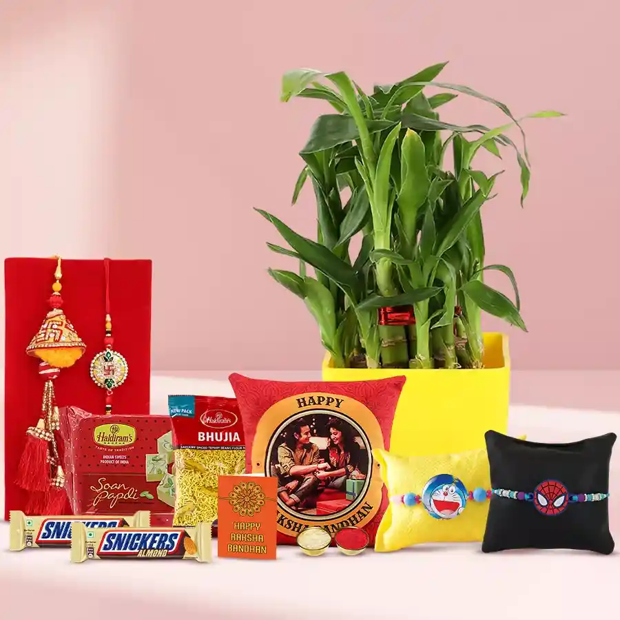 Exquisite Combo of Family Rakhi N 2 Tier Bamboo Plant